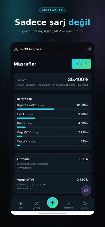 Masraflar: sigorta, bakım, lastik, vergi
